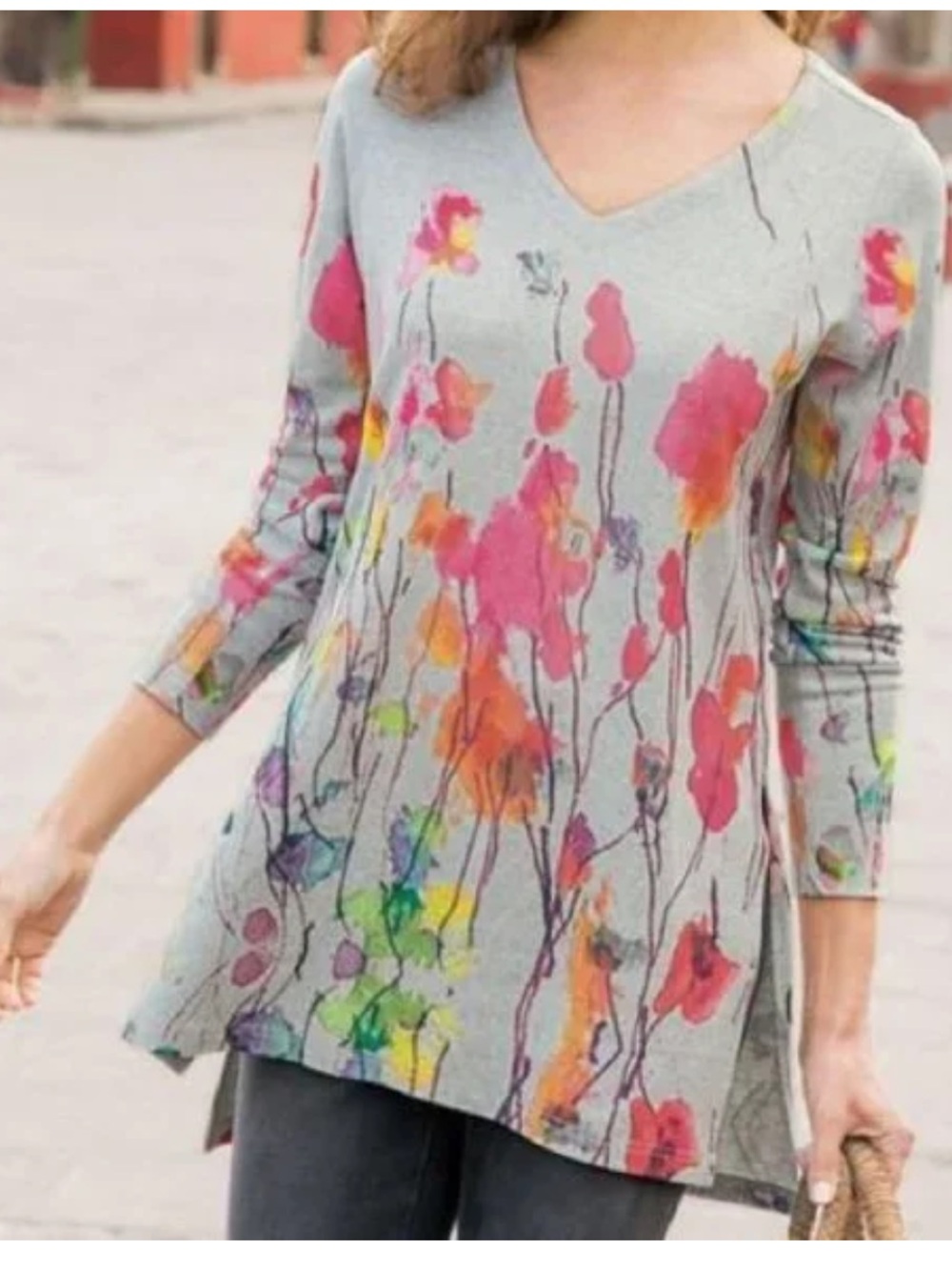 Soft Surroundings | Knit Tunic Top Watercolor Floral Poppy Fields Gray Plus 3X